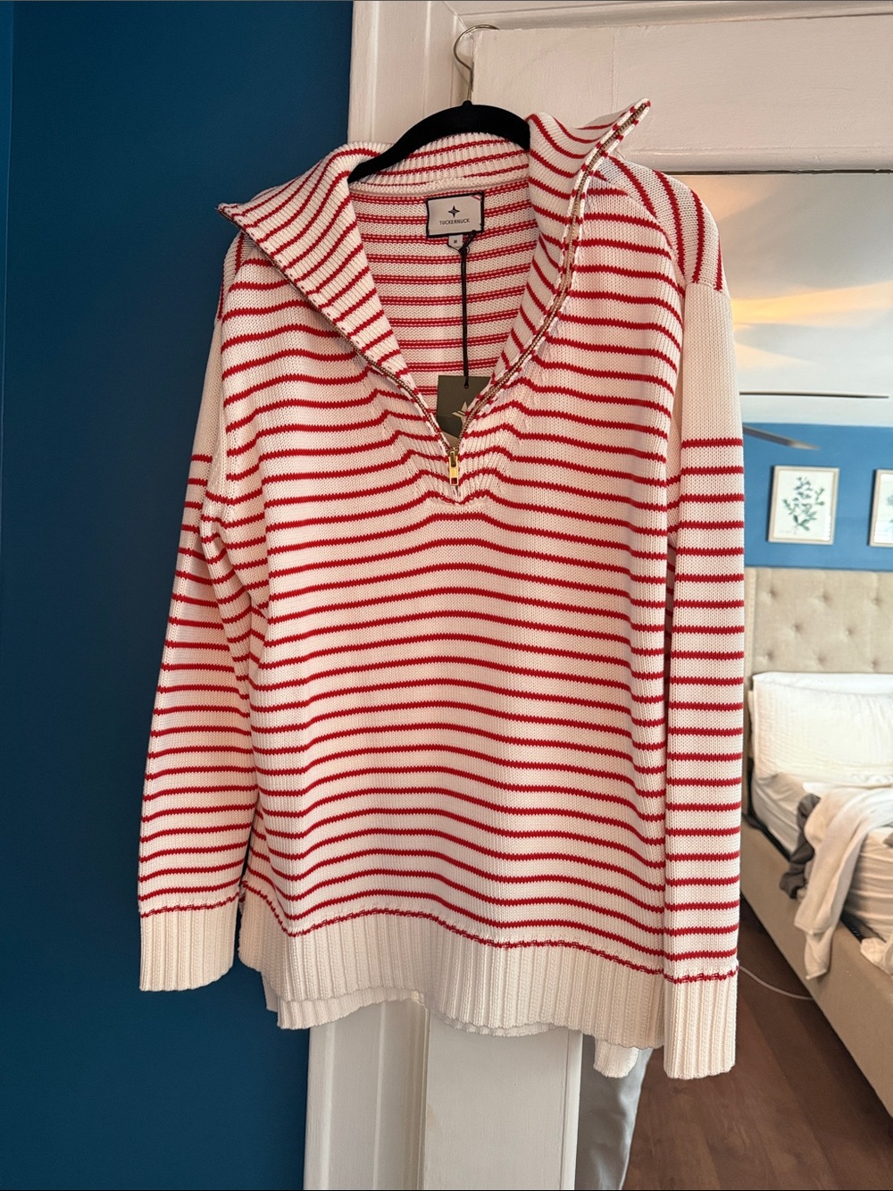 Tuckernuck Red & White Striped Quarter-Zip Turtleneck Sweater